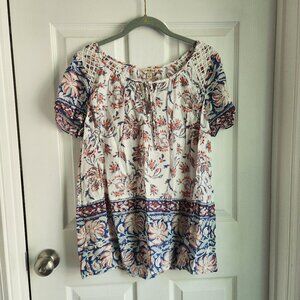 Lucky Brand Boho Peasant Style Multi Color Orange and Blue Cute Top